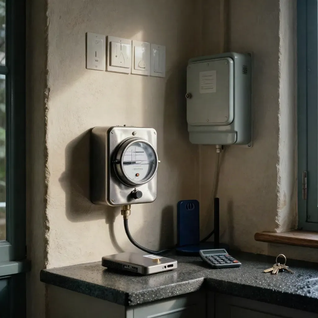 Angolo di casa con contatori, modem e calcolatore, luce drammatica su pietra chiara.