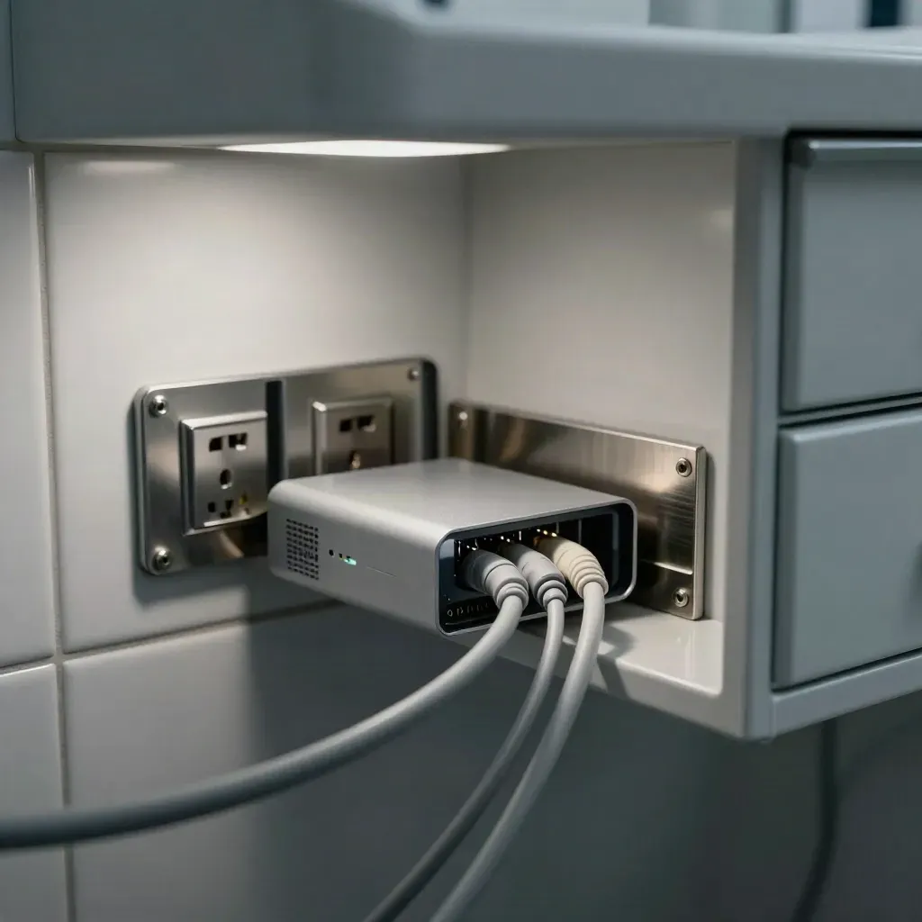 Dettaglio macro del retro di uno studio dentistico con router, fibra e cablaggi ordinati