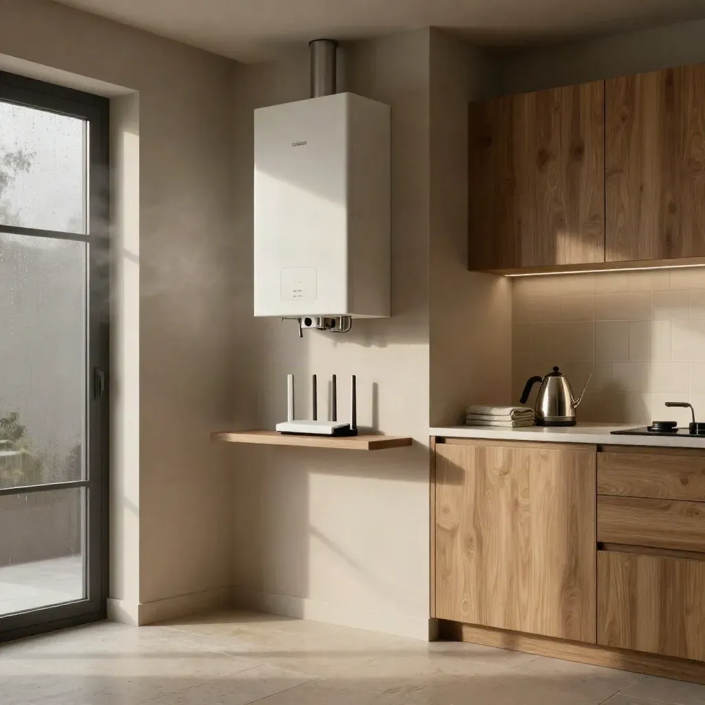Appartamento milanese luminoso con caldaia, router e angolo cucina ordinati dopo un risparmio energetico.
