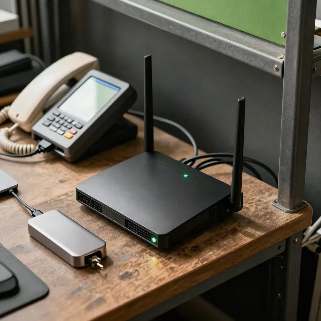 Postazione PMI ordinata con router, POS spento, cavi raccolti e telefono fisso.