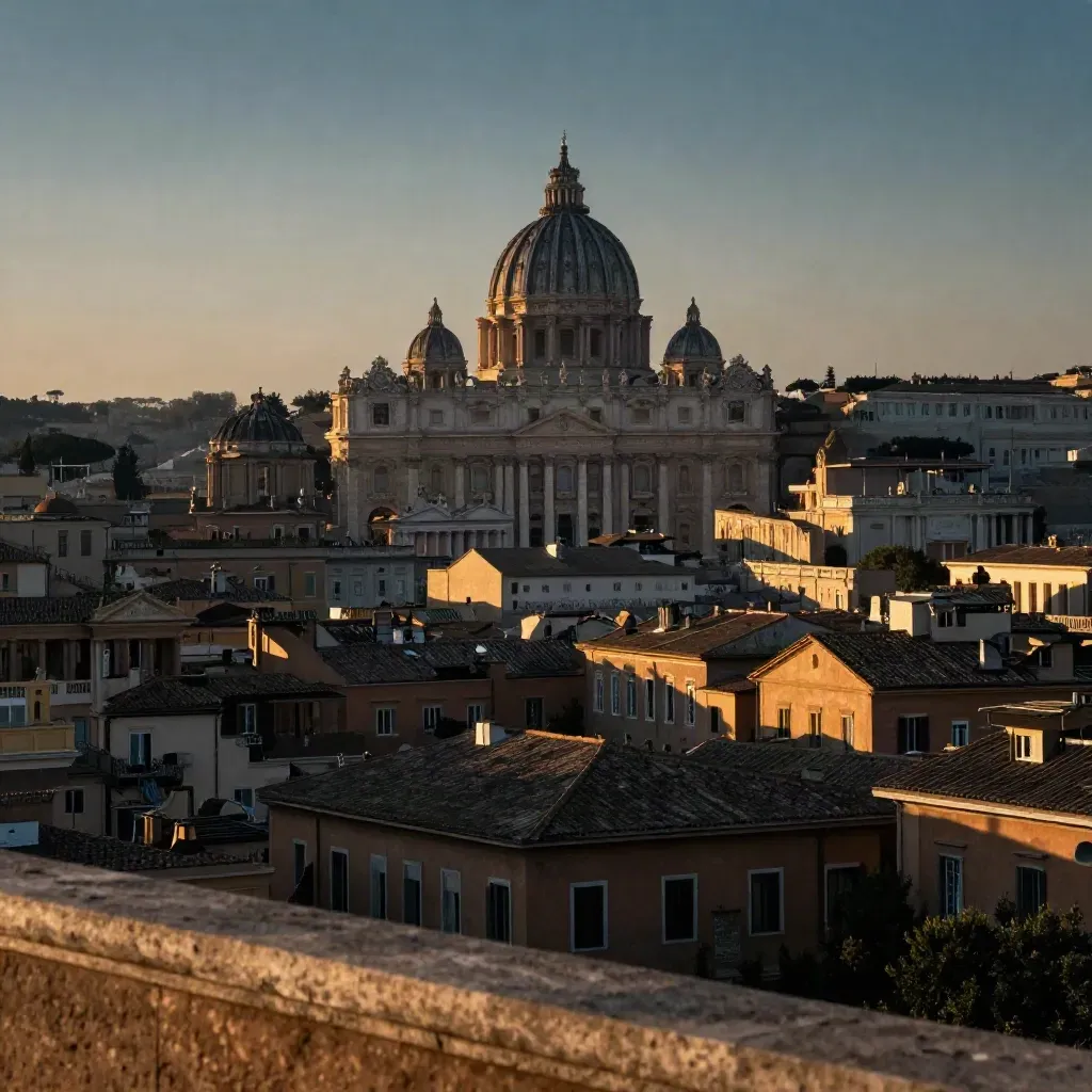 Roma al tramonto, cupole e tetti di travertino illuminati da luce dorata e morbida foschia.