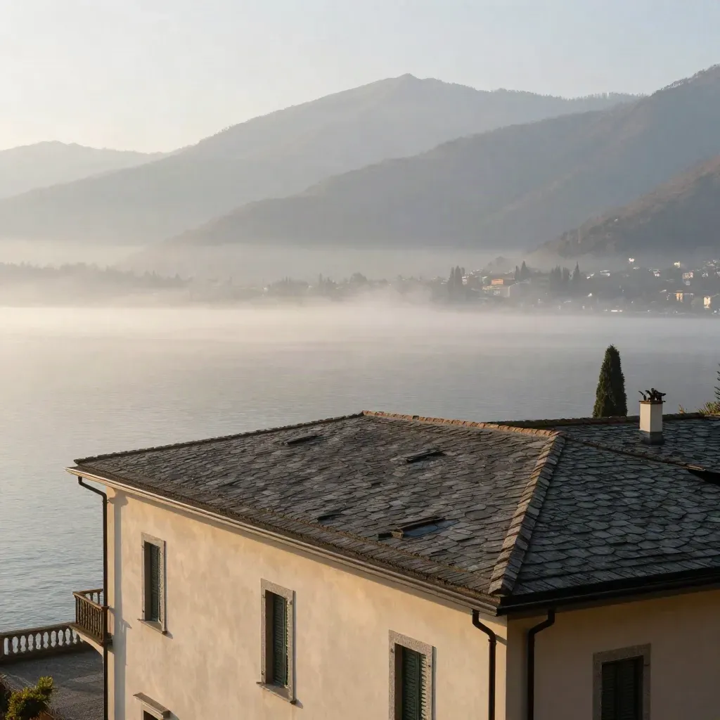 Lago di Como all’alba tra ville in pietra, tetti in ardesia e nebbia sopra l’acqua calma