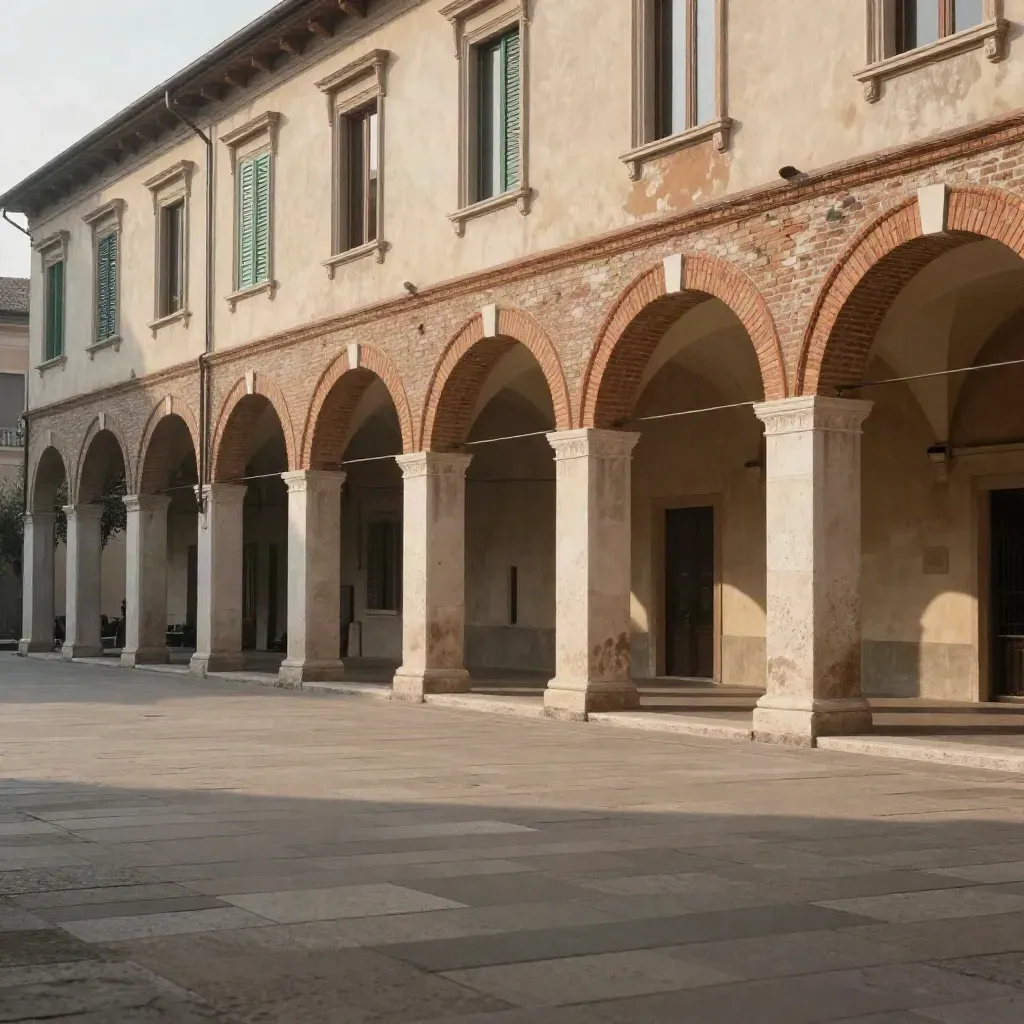 Portici e pietre calde dell’Emilia-Romagna con spazio vuoto in basso per il testo