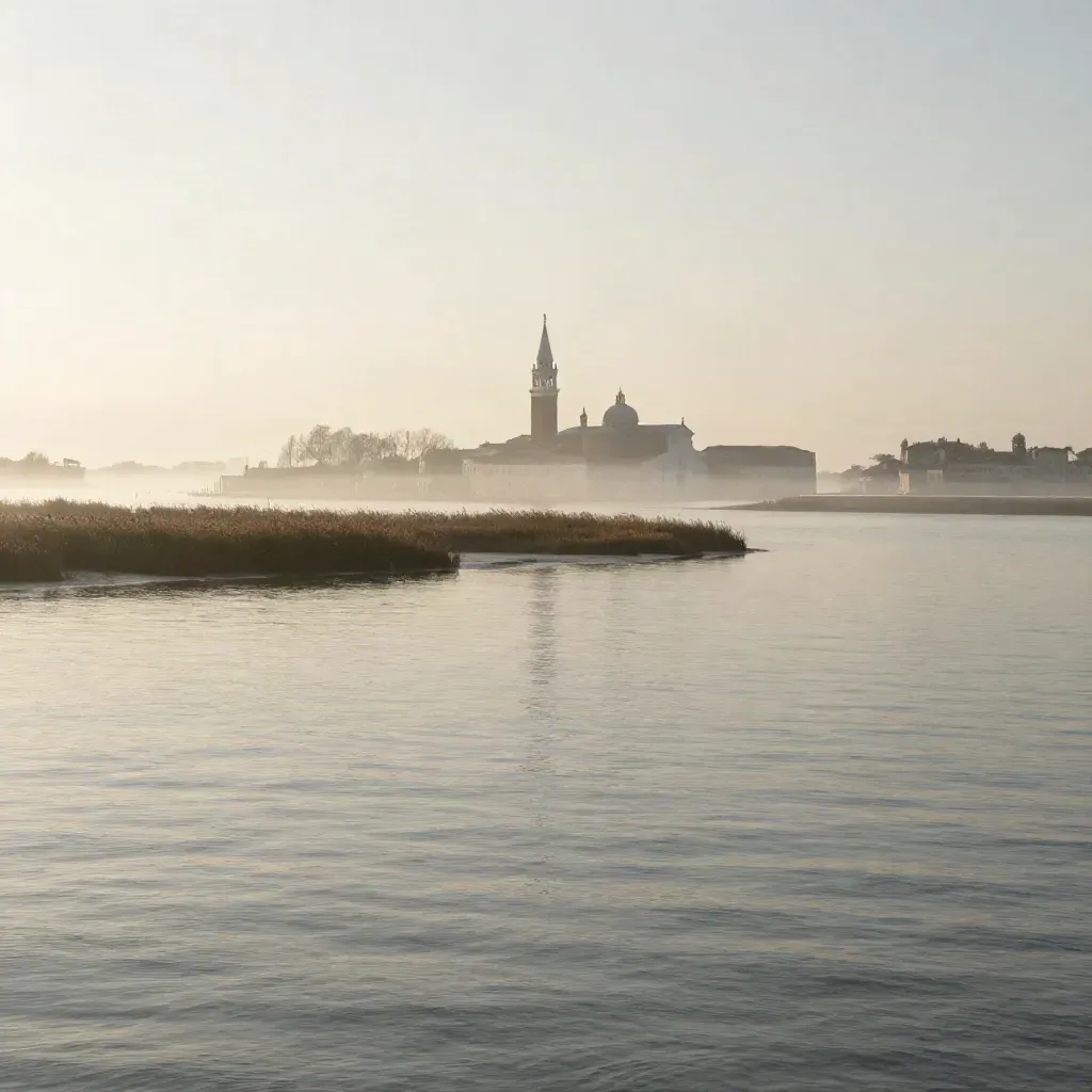 Laguna veneta al tramonto con isole e campanili in alto e acqua calma in basso